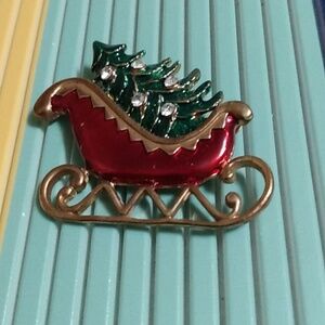 Vtg Painted Enamel Sleigh Christmas Tree Pin Brooch